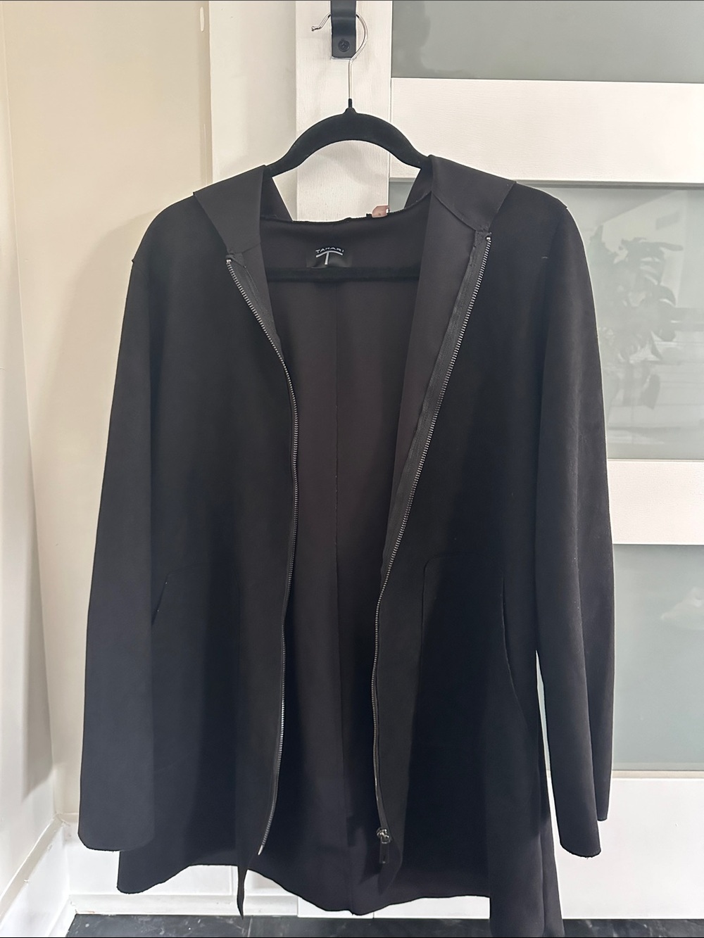 Tahari Black Hooded Trench Coat with Zip Front